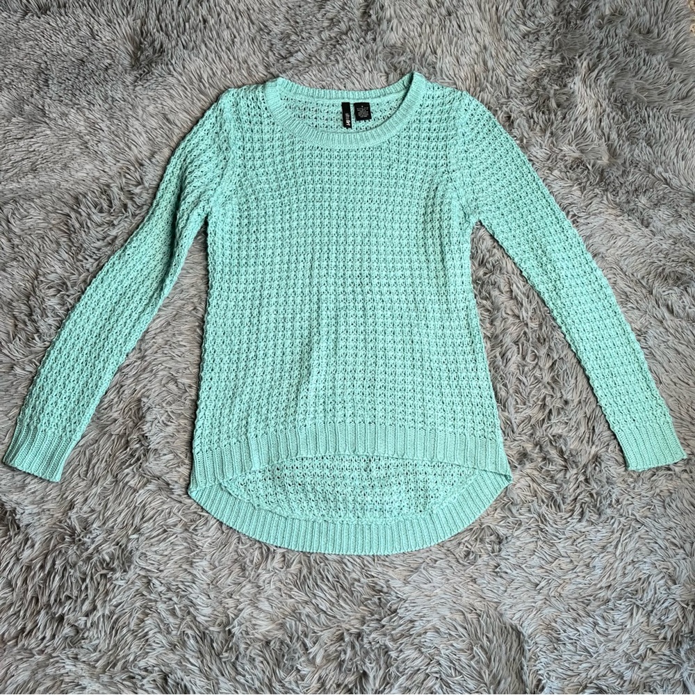 Ultra Flirt Sweater Womens Medium Open Knit Lingerie Sleeve Hi Low Green Blue